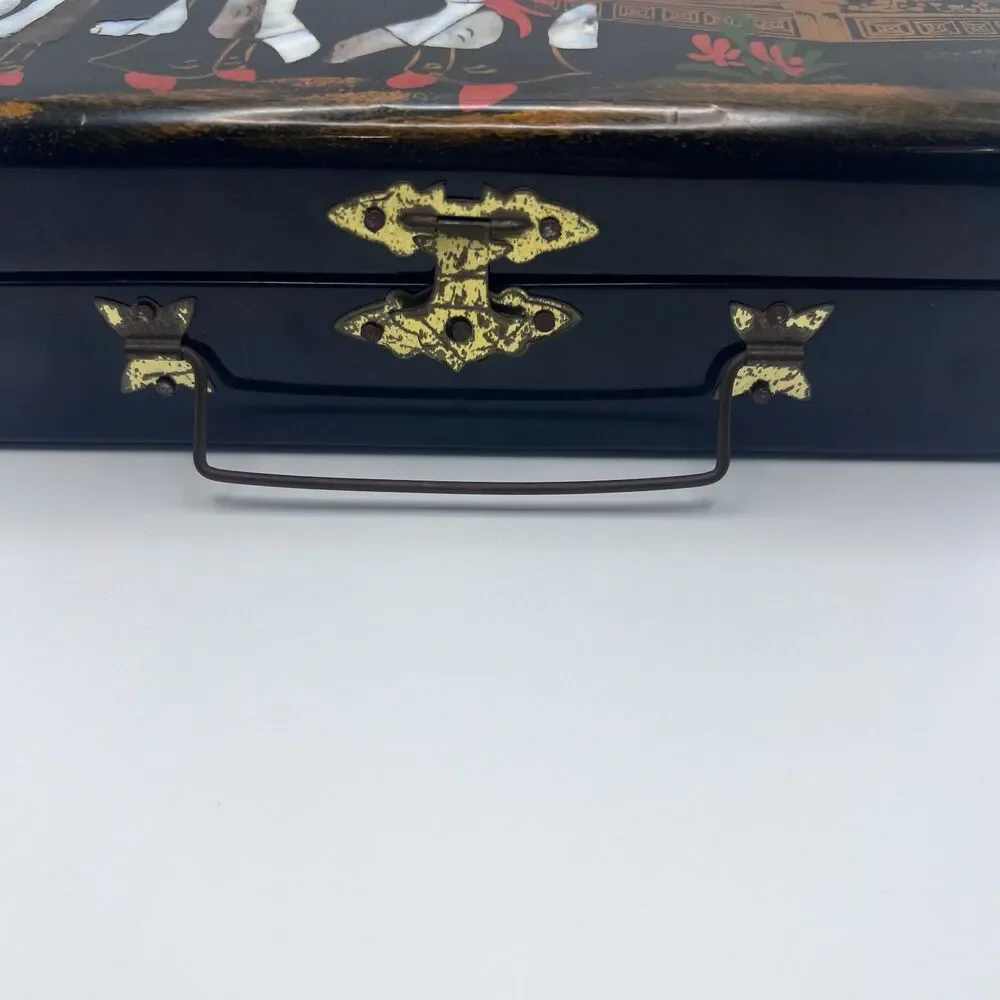 Vintage Asian Black Lacquer Jewelry Box, Inlaid Mother of Pearl Geisha Girls Box